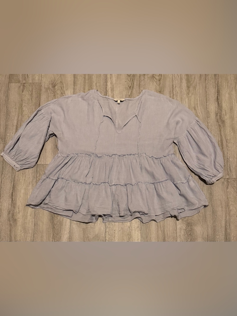 Lucky Brand Size Small Striped Ruffle Peasant Blouse Tassel Tie Top Blue White